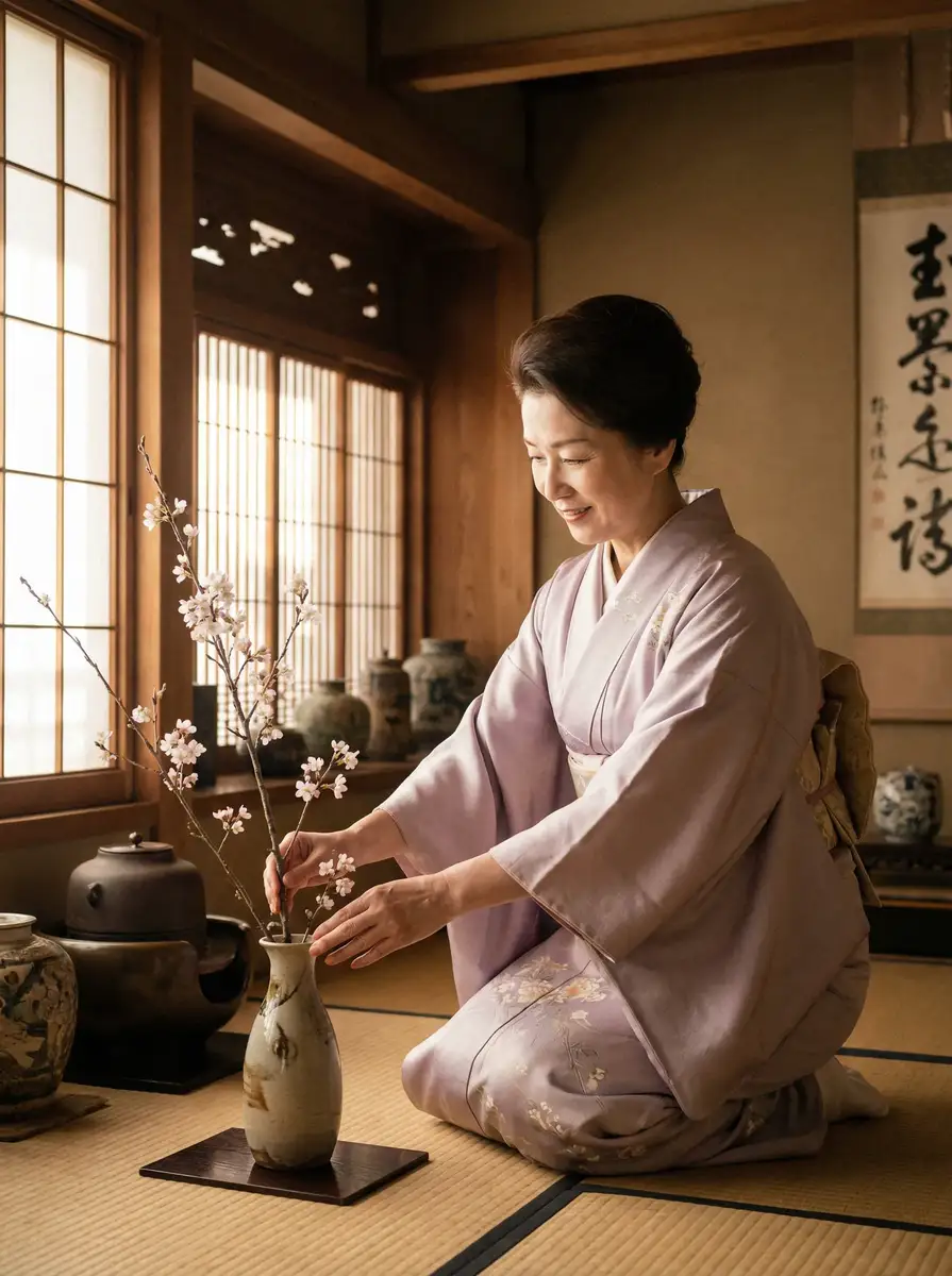 一位优雅的 上游棋牌平台 在和室中插花
