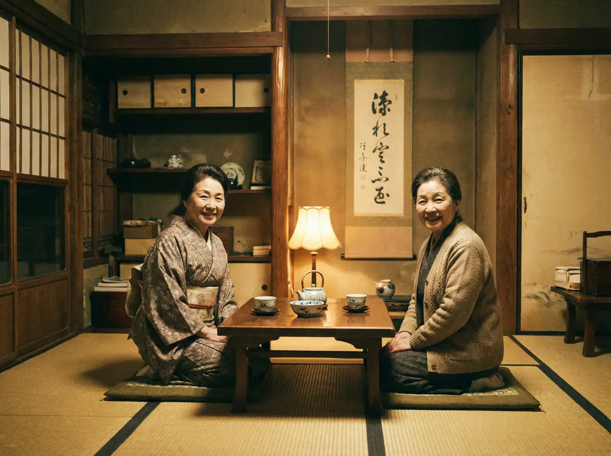 两位优雅的 上游棋牌平台 在日式茶室中品茶交谈